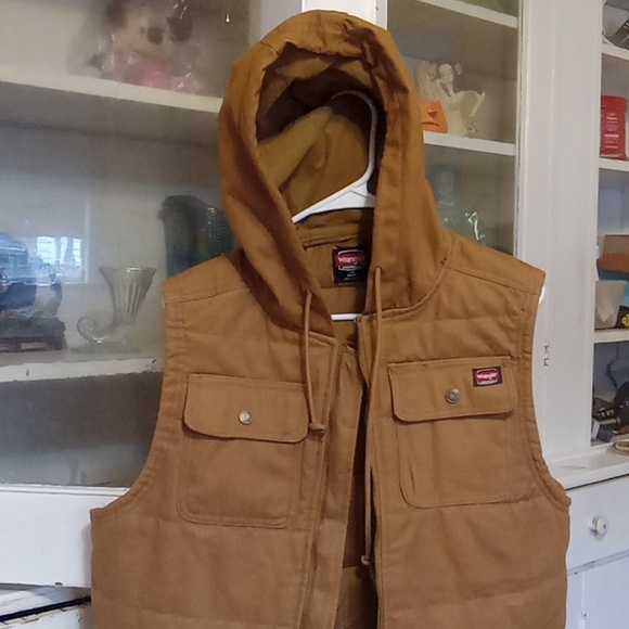 Wrangler Workeear brown denim hooded vest zipper men's large (42-44) - Picture 2 of 7
